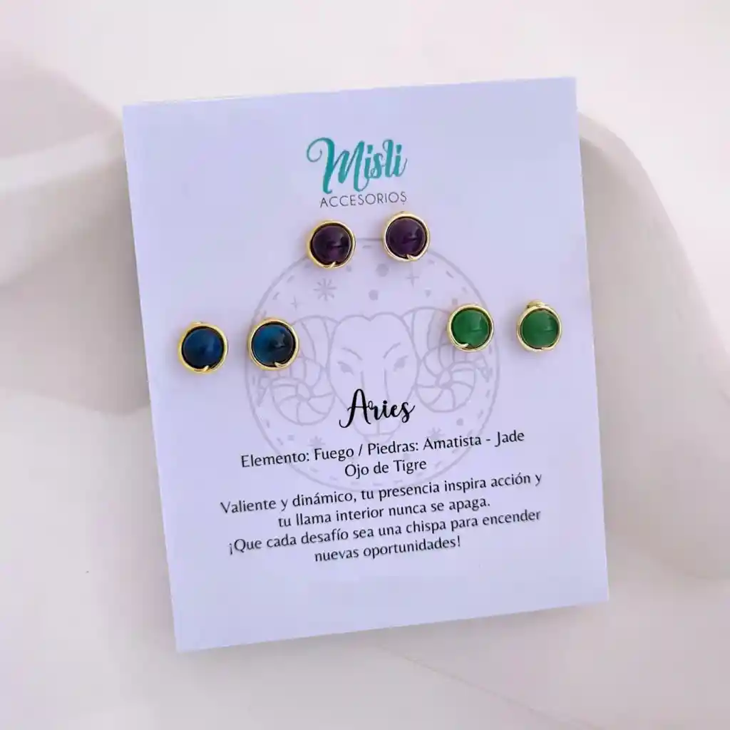 Set Aretes Signo Zodiacal - Topitos Piedra Natural Aries (pack X 3 Pares)
