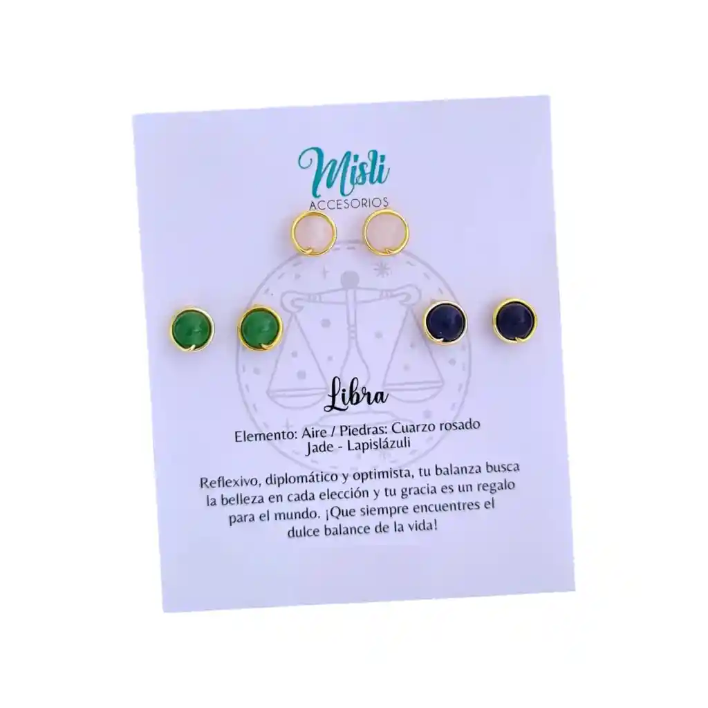 Set Aretes Signo Zodiacal - Topitos Piedra Natural Libra (pack X 3 Pares)