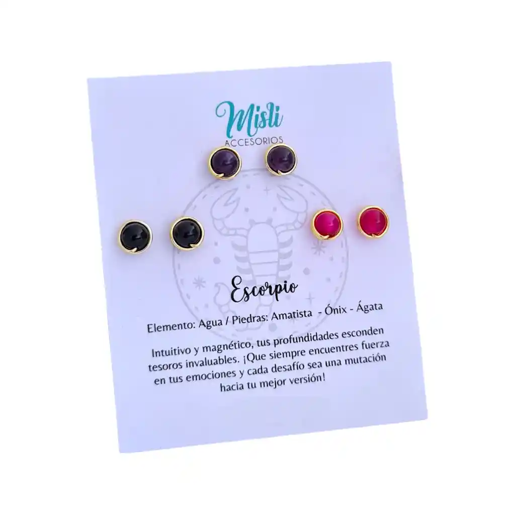 Set Aretes Signo Zodiacal - Topitos Piedra Natural Escopio (pack X 3 Pares)