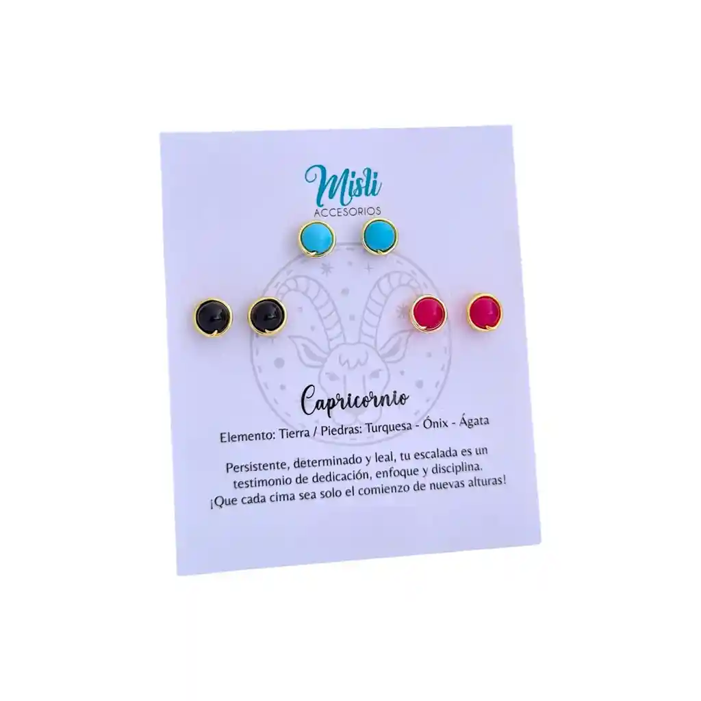 Set Aretes Signo Zodiacal - Topitos Piedra Natural Capricornio (pack X 3 Pares)