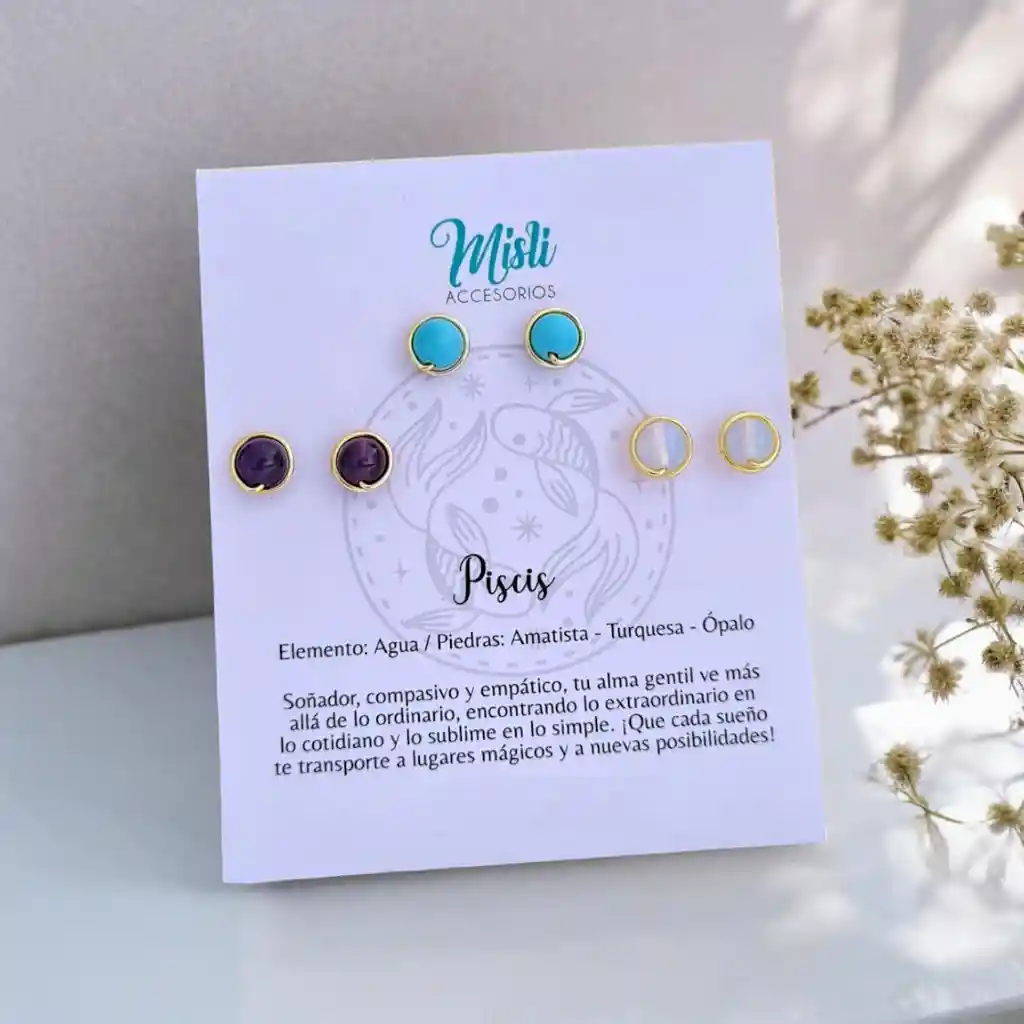 Set Aretes Signo Zodiacal - Topitos Piedra Natural Piscis (pack X 3 Pares)