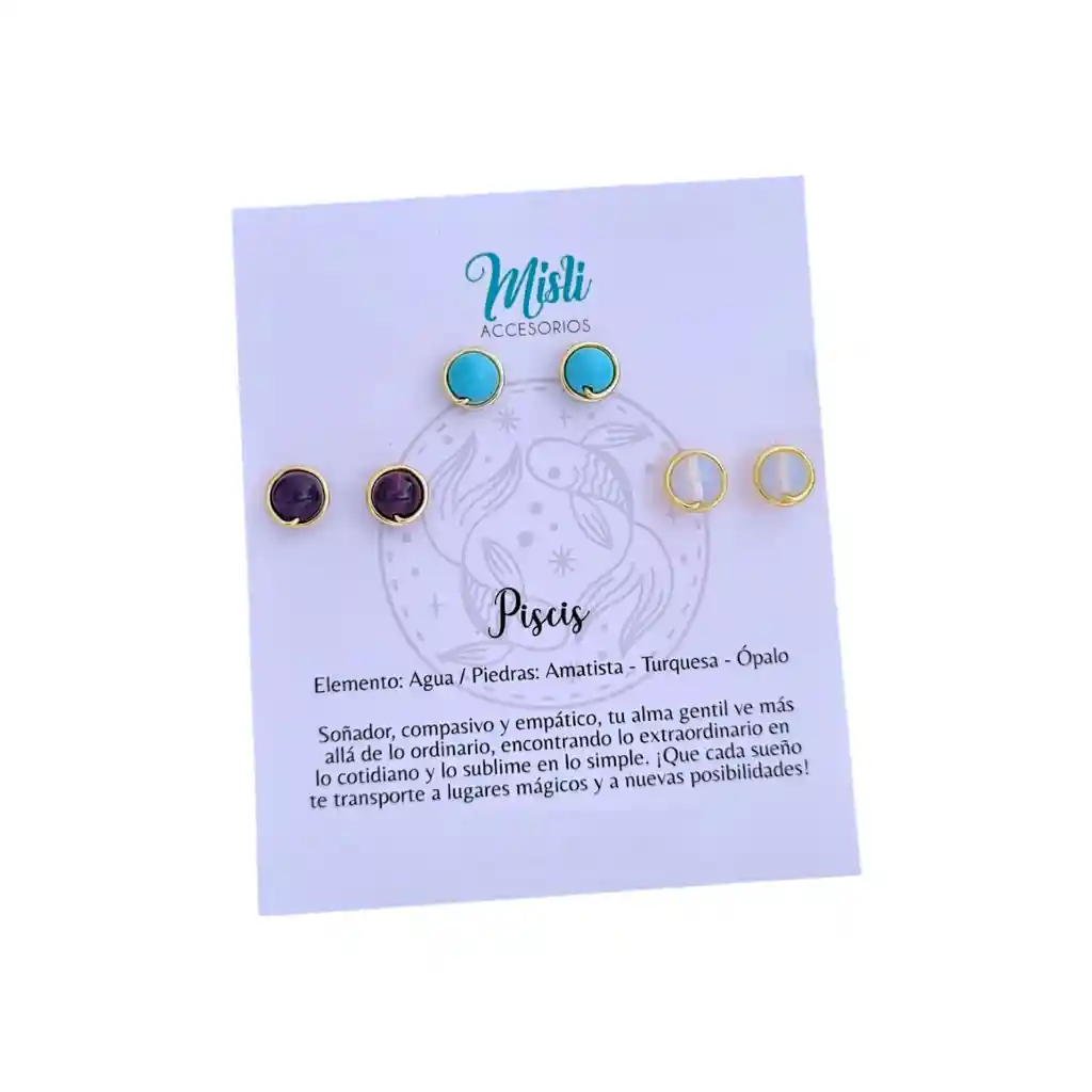 Set Aretes Signo Zodiacal - Topitos Piedra Natural Piscis (pack X 3 Pares)