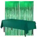 Kit Decoración Mantel Y 2 Cortinas Metalizadas Verdes