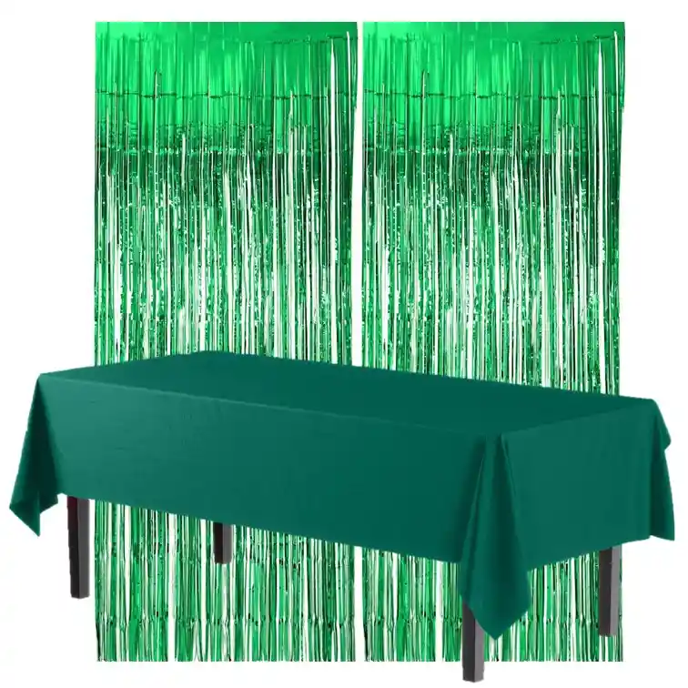 Kit Decoración Mantel Y 2 Cortinas Metalizadas Verdes