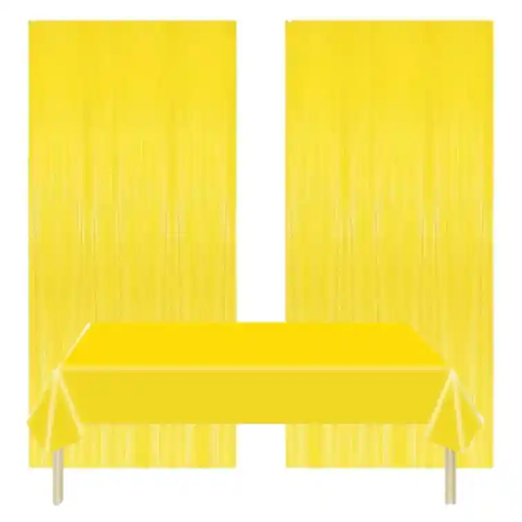 Kit Decoracion Mantel Y 2 Cortinas Metalizadas Color Amarillo