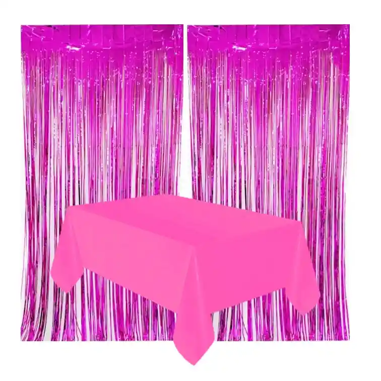 Kit Mantel Tipo Tela Y 2 Cortinas Metalizadas Fucsia