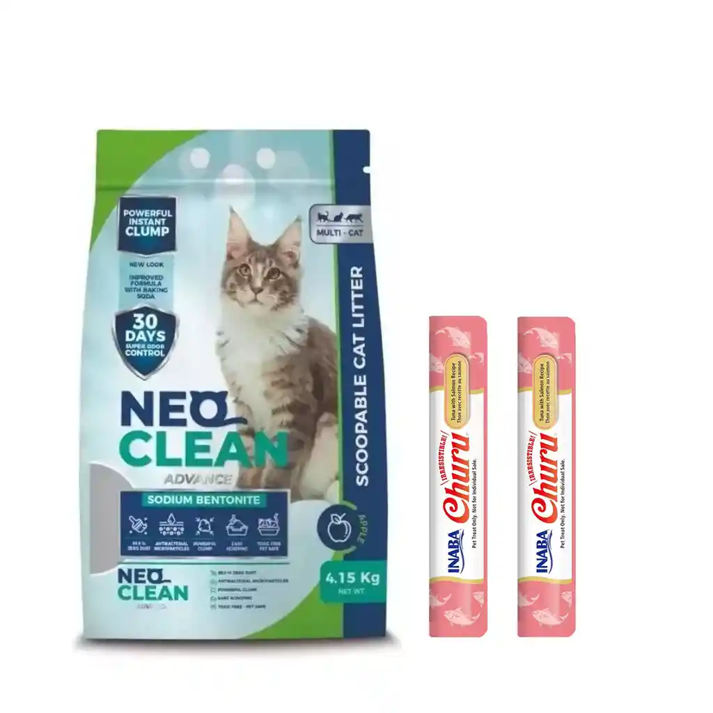 Neo Clean® Arena Sanitaria Para Gatos Aroma A Manzana 4.13 Kg Gratis 2 Churu® Salmón