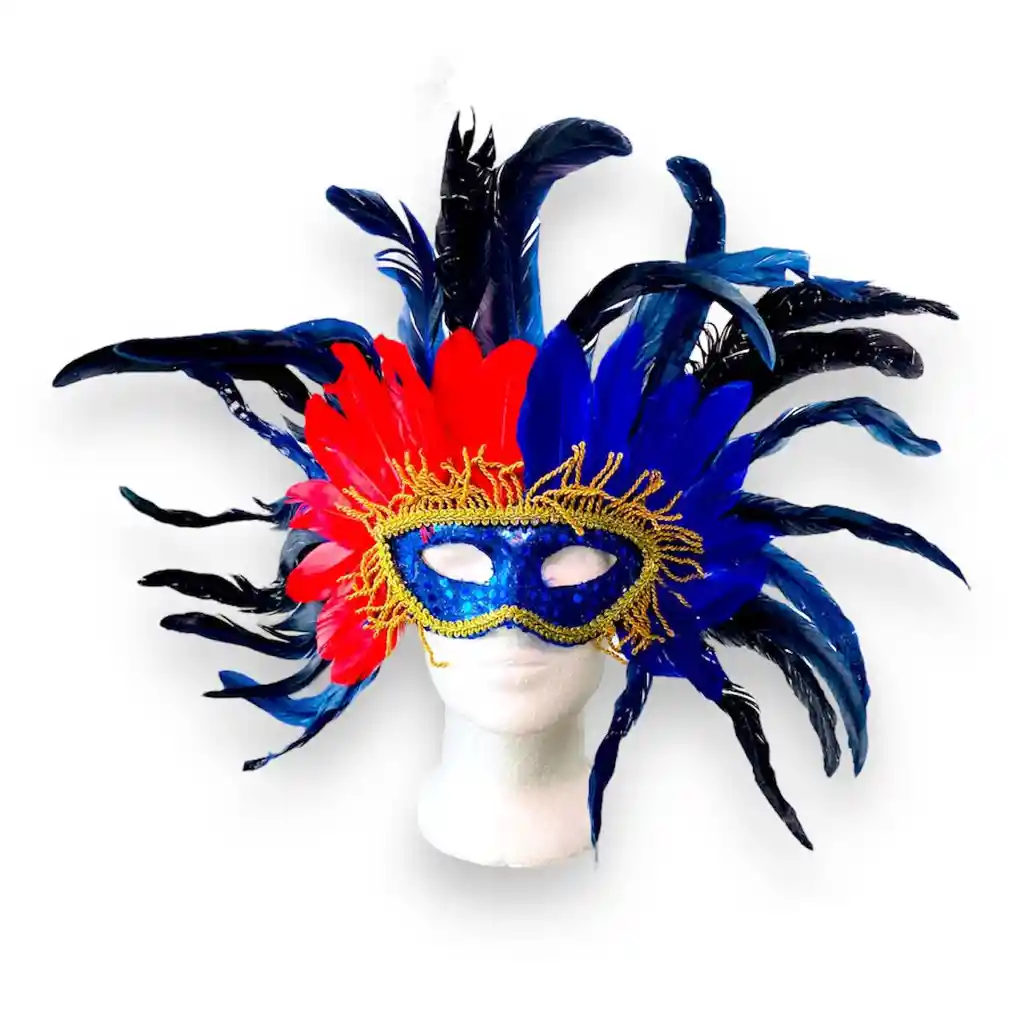 Antifaz Plumas Grandes Azul Con Rojo Lentejuelas Disfraz Halloween