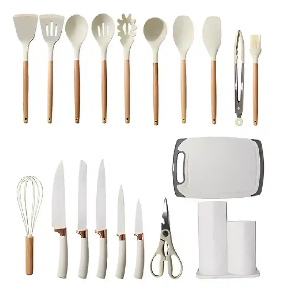 Set De Utensilios De Cocina Silicona Cuchillos Y Tabla 19pcs