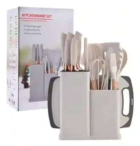 Set De Utensilios De Cocina Silicona Cuchillos Y Tabla 19pcs