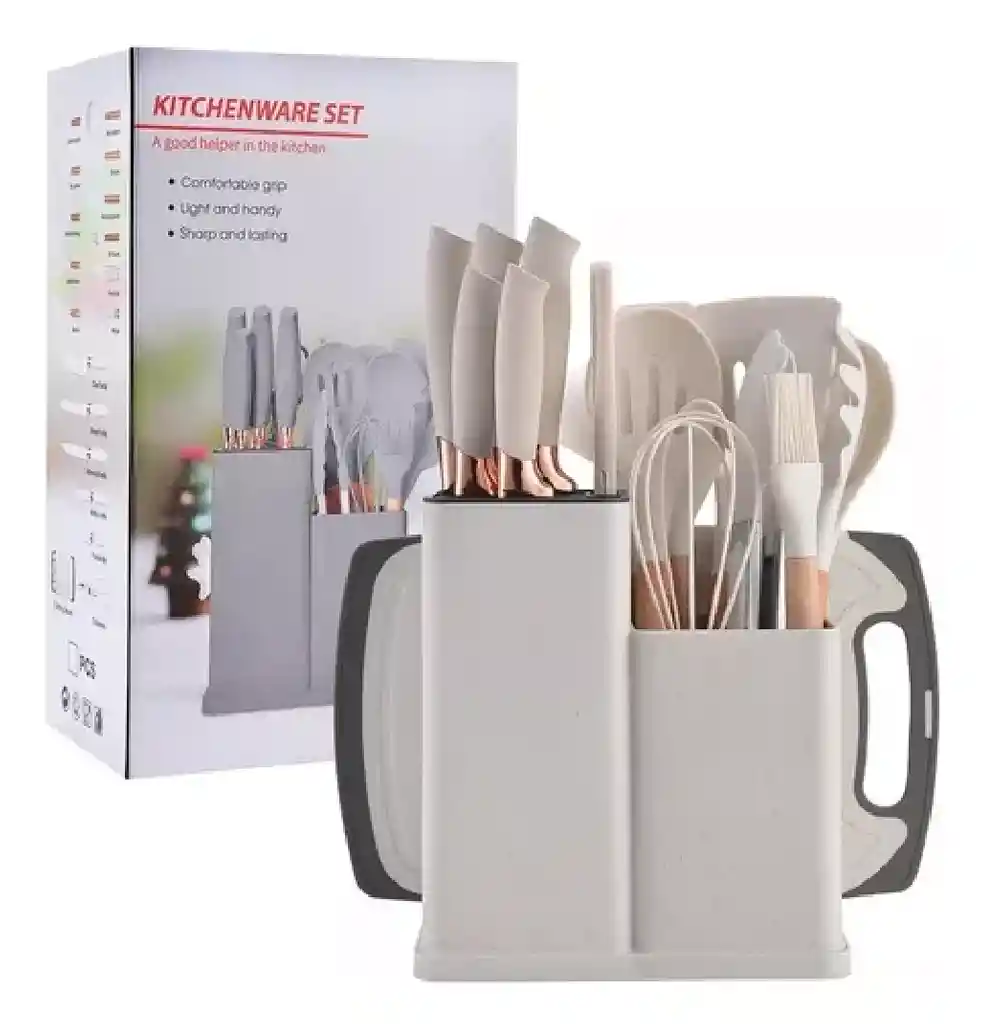 Set De Utensilios De Cocina Silicona Cuchillos Y Tabla 19pcs