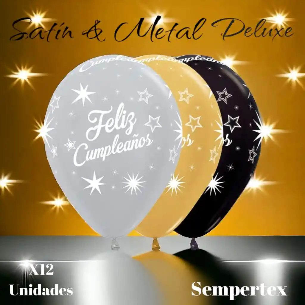 Globos Látex Feliz Cumpleaños Satin Y Metal Deluxe X12 Unidades Sempertex