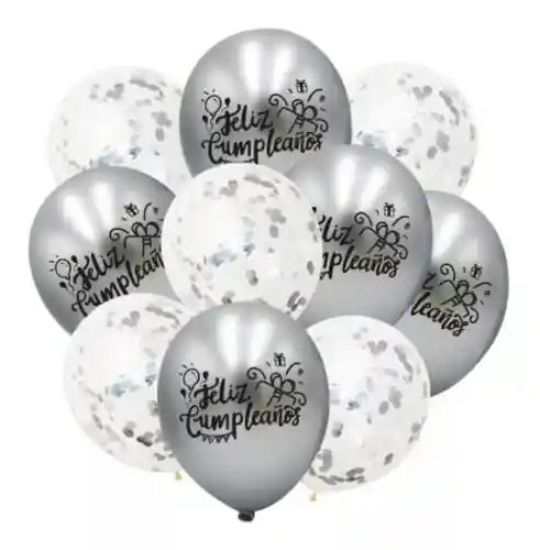 Kit Globos Plateados Reflex 5 R12 Globos Con Confeti R 12 Plateado