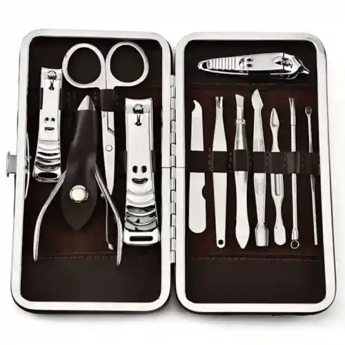 Kit Manicure 12 Piezas Acero Inoxidable, Lima, Cortaúñas, Tijera, Alicate, Retirador De Piel Muerta, Raspador De Uñas, Estuche Compacto