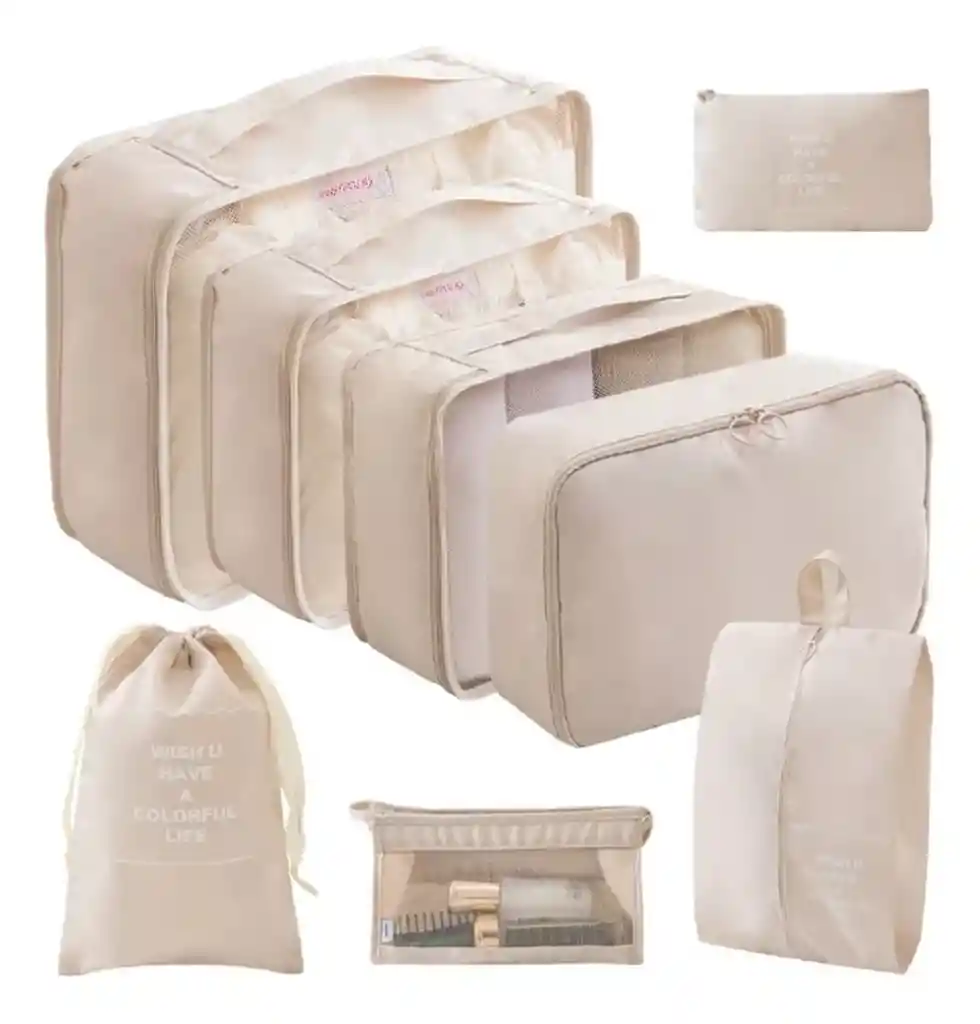 Kit Organizadores De Maleta Bolsas De Viaje X8 Piezas Color Beige