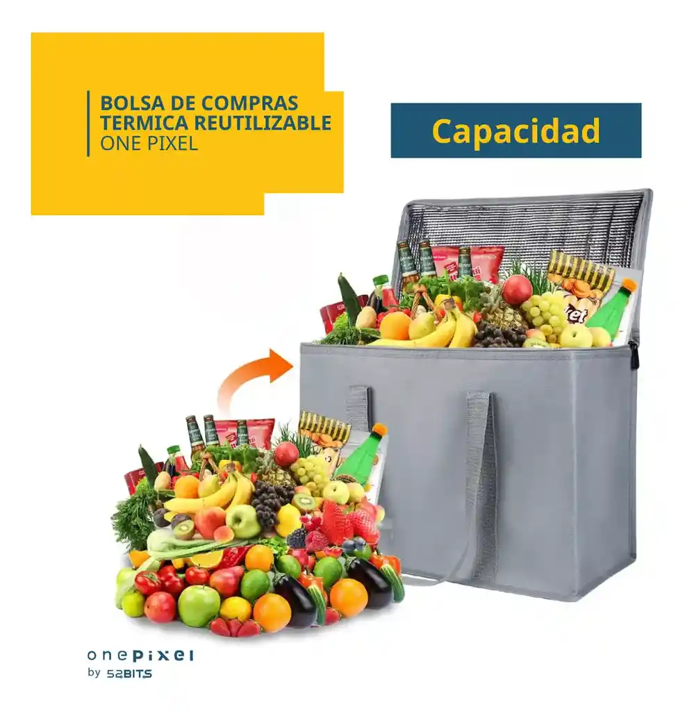 Bolsa De Mercado Termica Grande Con Agarradera One Pixel By 52 Bits Color Gris