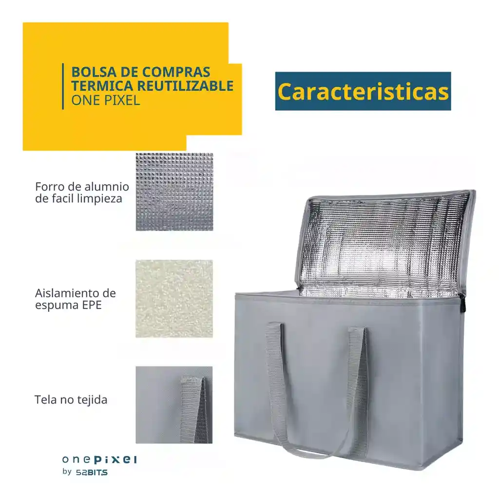 Bolsa De Mercado Termica Grande Con Agarradera One Pixel By 52 Bits Color Gris