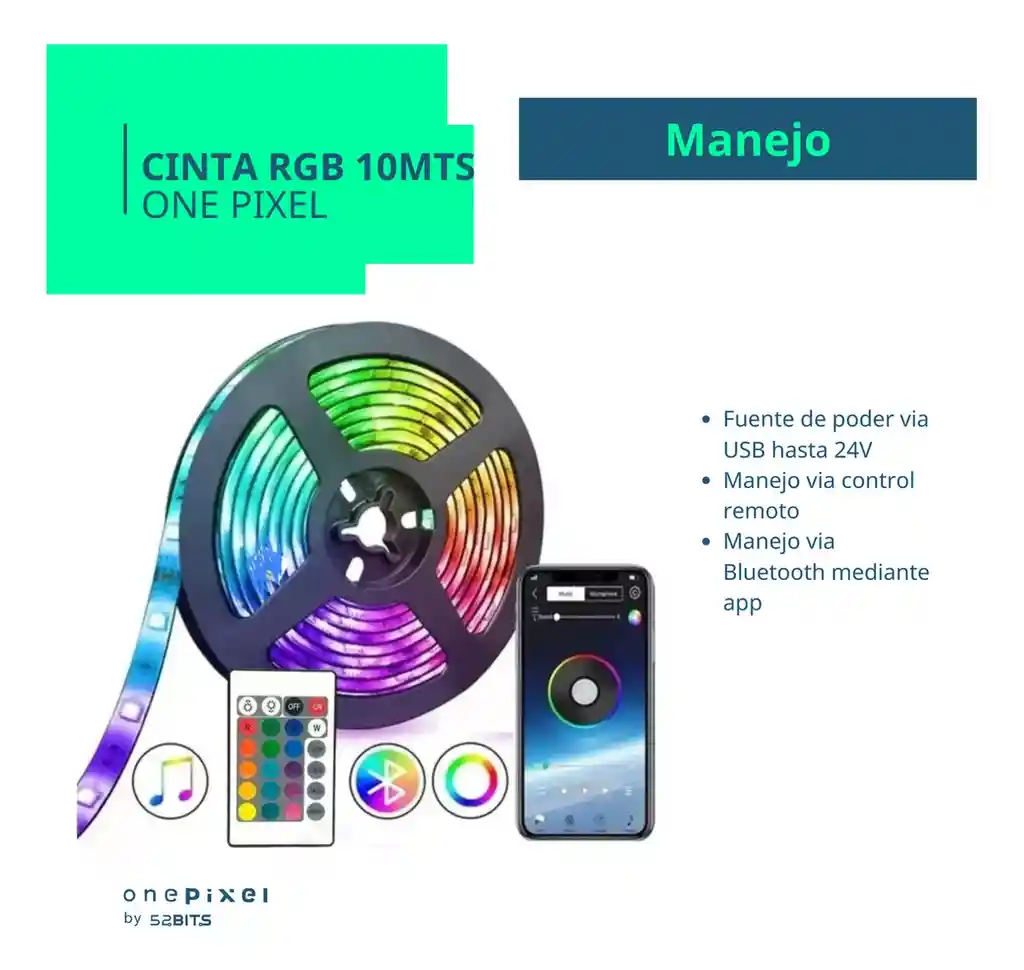 Cinta Led Multicolor Rgb Luz 10mts Con Bluetooth App Movil Con Control 24v One Pixel By 52 Bits