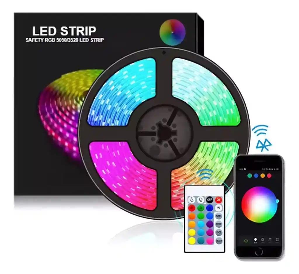 Cinta Led Multicolor Rgb Luz 10mts Con Bluetooth App Movil Con Control 24v One Pixel By 52 Bits