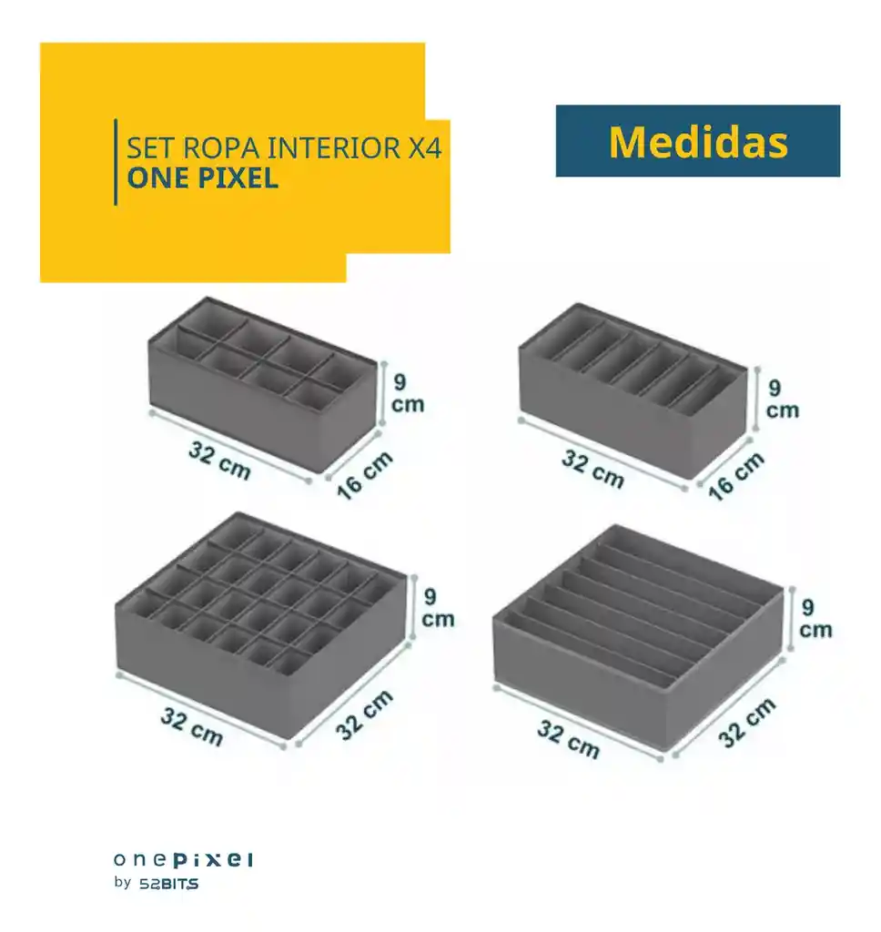 Organizador Ropa Interior One Pixel By 52 Bits Divisor Cajones Set De 4 Color Gris