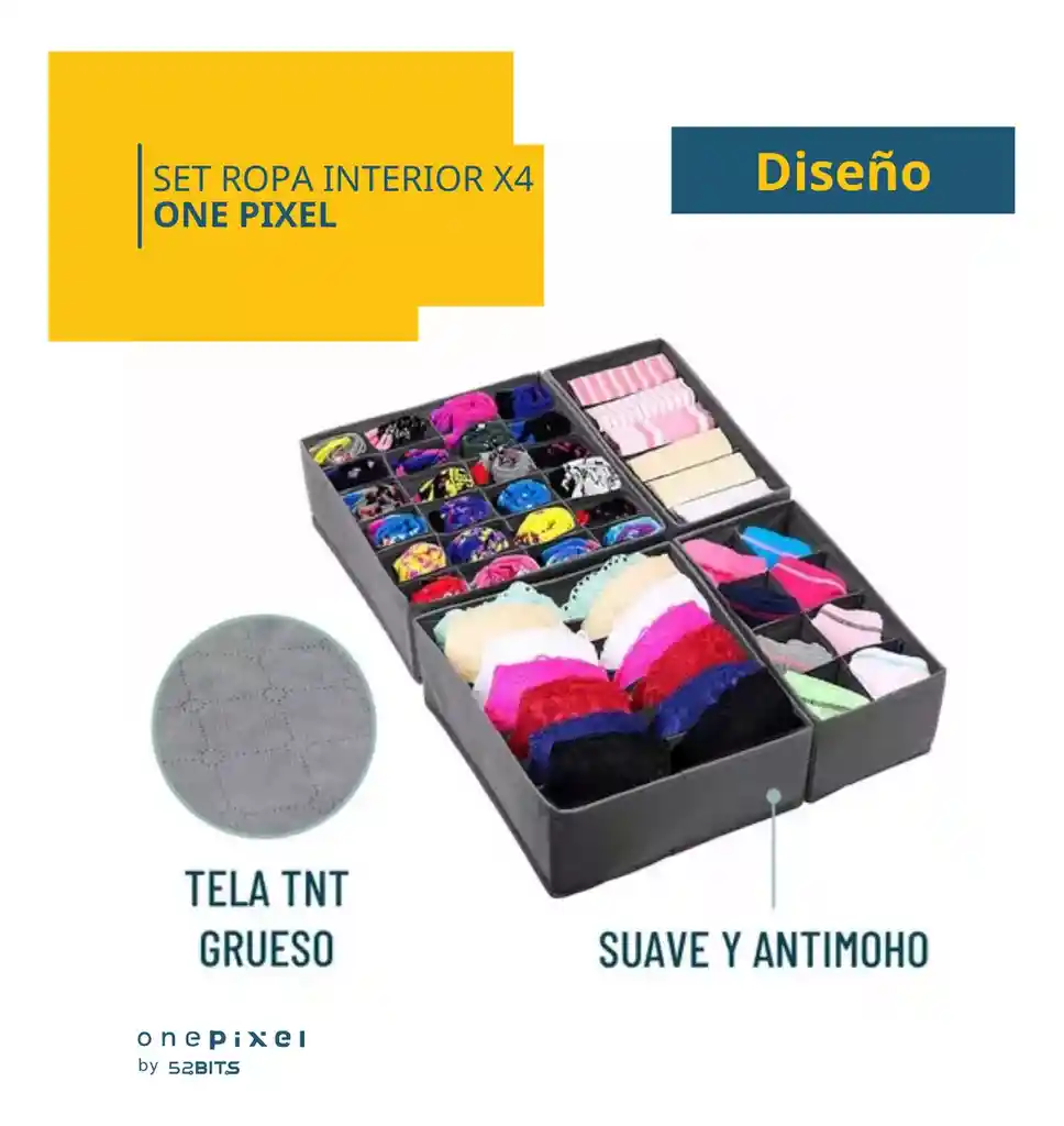 Organizador Ropa Interior One Pixel By 52 Bits Divisor Cajones Set De 4 Color Gris