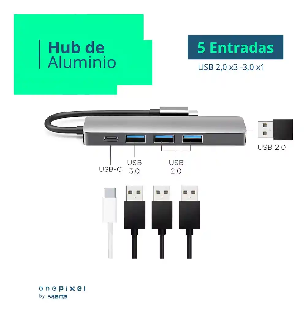 Hub Adaptador Usb C Multipuerto 5 En 1 Para Mac Macbook Windows Android One Pixel By 52 Bits Color Azul Acero
