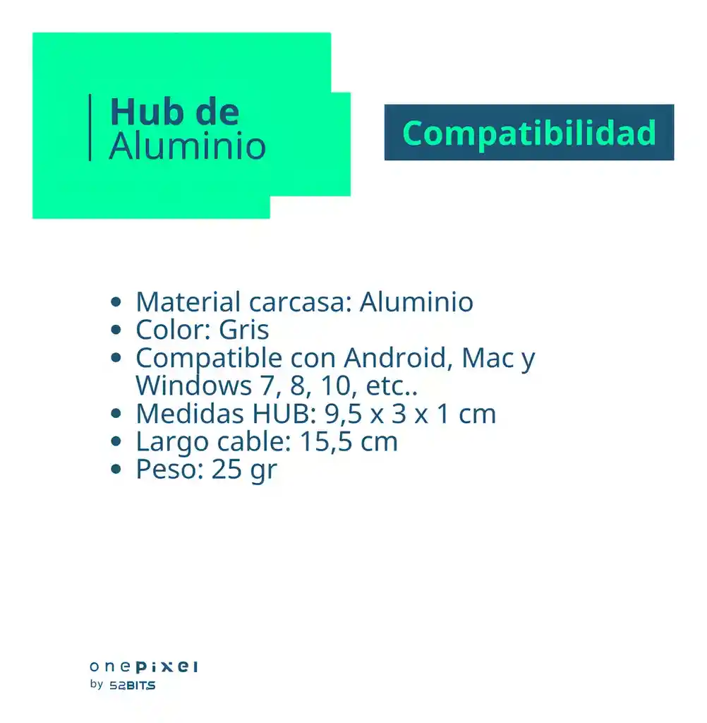 Hub Adaptador Usb C Multipuerto 5 En 1 Para Mac Macbook Windows Android One Pixel By 52 Bits Color Azul Acero