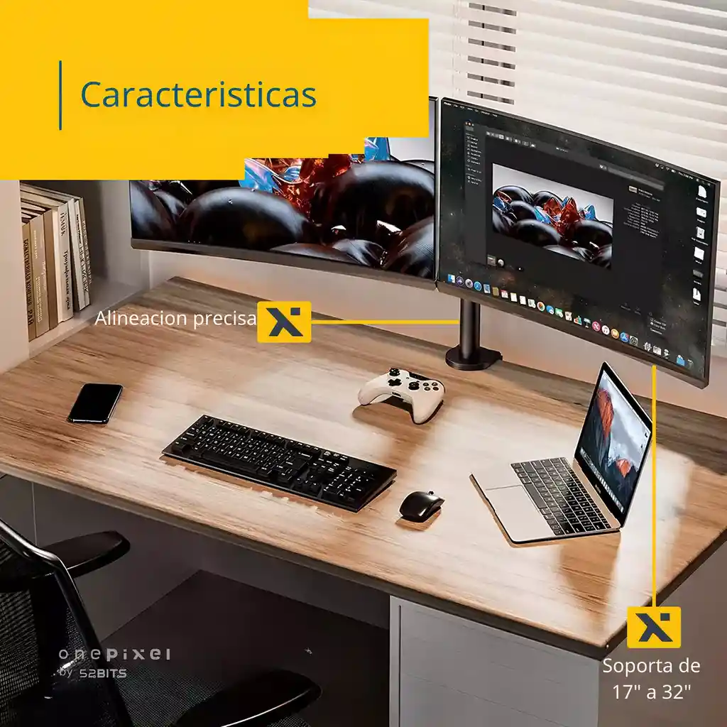 Brazo Soporte Doble Para 2 Monitores One Pixel Base Escritorio Color Negro