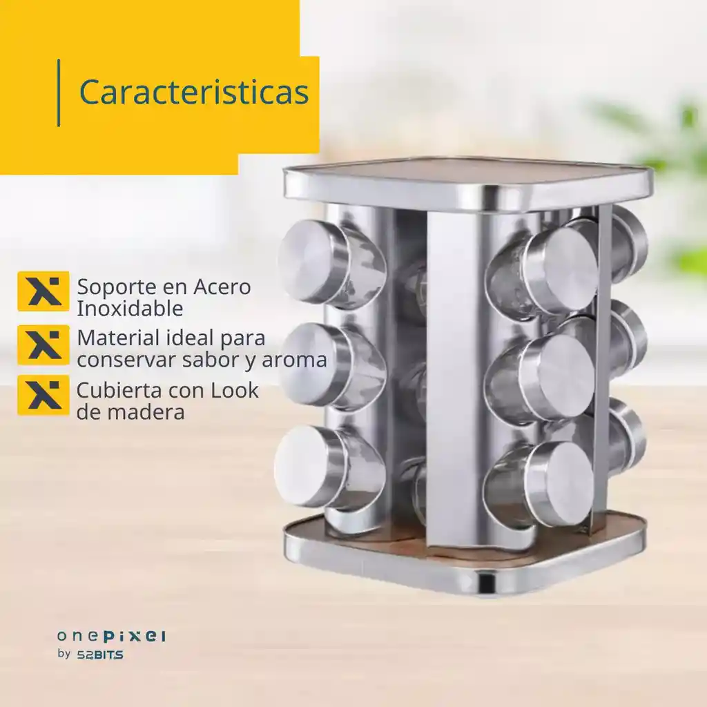 Set Especiero Condimentero En Vidrio X16 Frascos Base Acero One Pixel Color Plateado