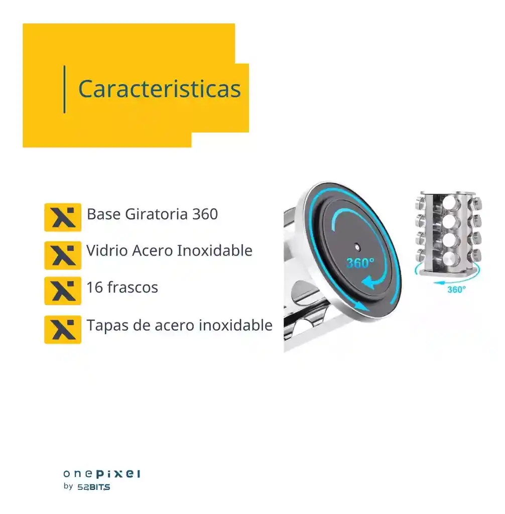 Set Especiero Condimentero En Vidrio X16 Frascos Base Acero One Pixel Color Plateado