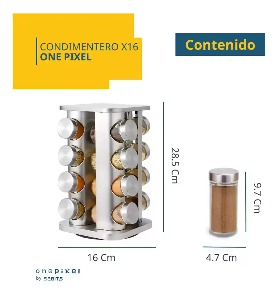 Set Especiero Condimentero En Vidrio X16 Frascos Base Acero One Pixel Color Plateado
