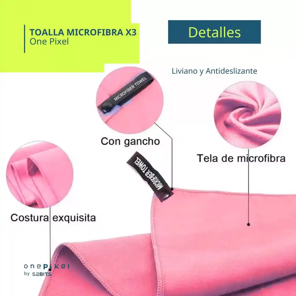 Toalla Microfibra Deportiva X 3 One Pixel (40x40 + 80x40 + 155x85) Color Rosa