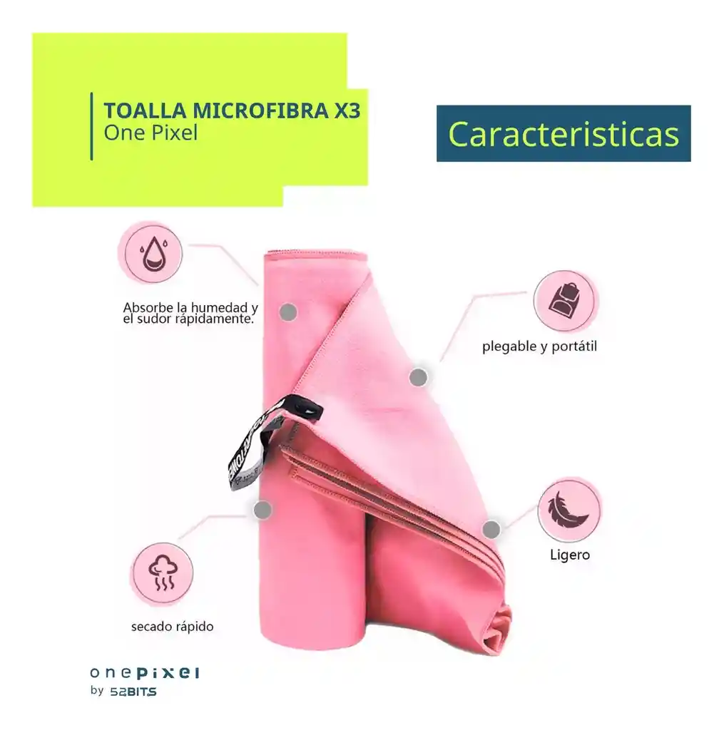 Toalla Microfibra Deportiva X 3 One Pixel (40x40 + 80x40 + 155x85) Color Rosa
