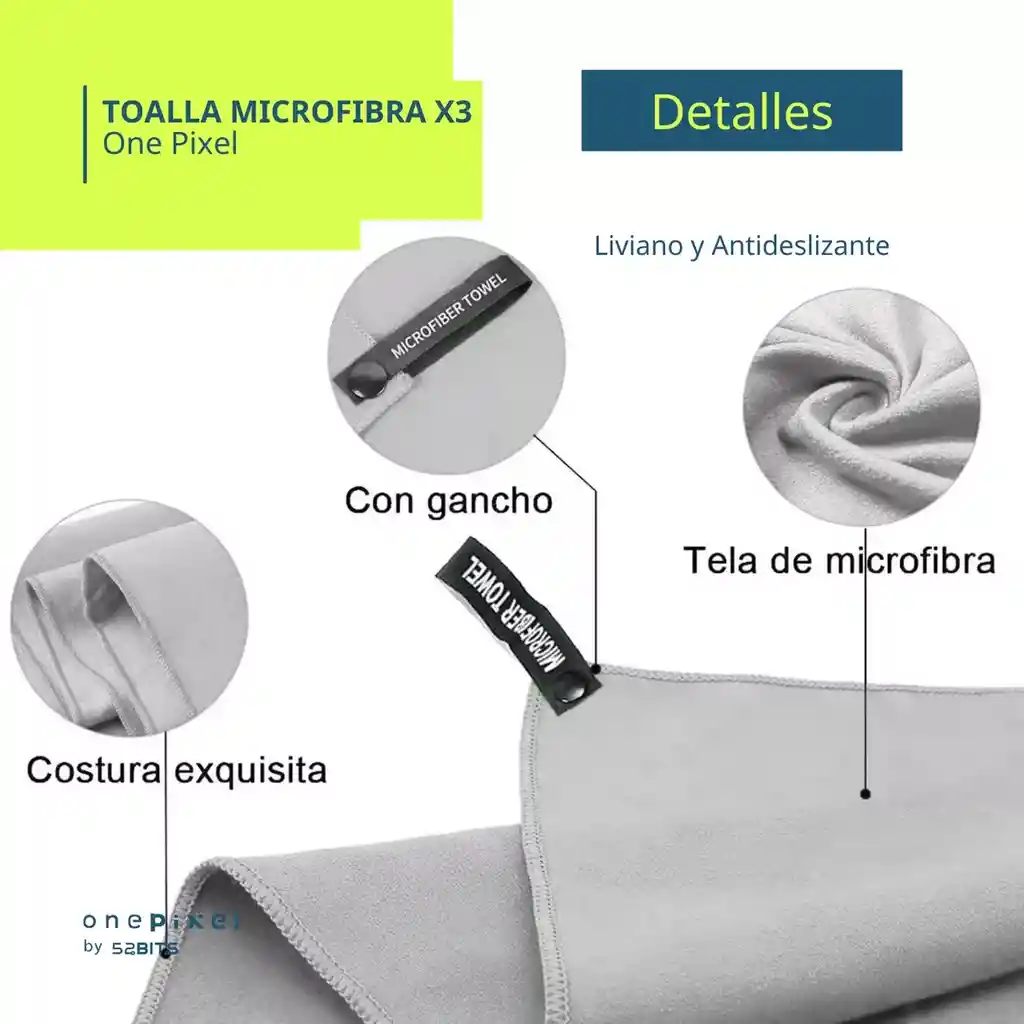 Toalla Microfibra Deportiva X 3 One Pixel (40x40 + 80x40 + 155x85) Color Gris