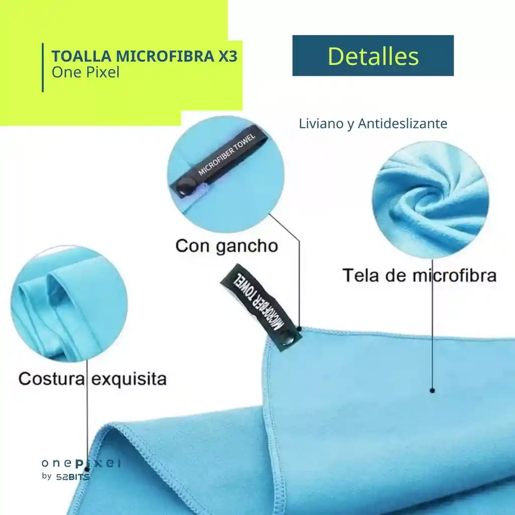 Toalla Microfibra Deportiva X 3 One Pixel (40x40 + 80x40 + 155x85) Color Azul Claro