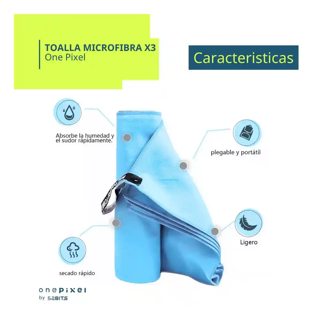Toalla Microfibra Deportiva X 3 One Pixel (40x40 + 80x40 + 155x85) Color Azul Claro