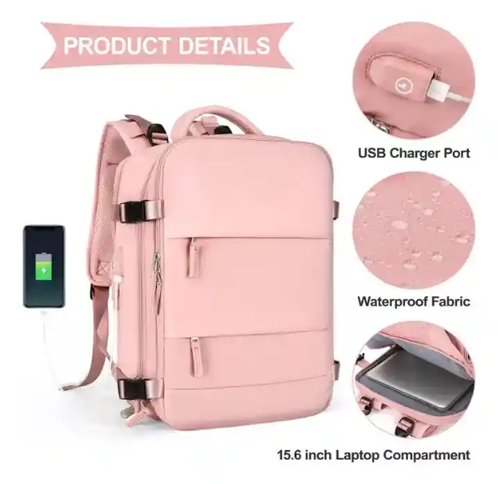 Maleta De Mano Para Cabina Viaje Y Ordenador Usb Impermeable Color Rosa