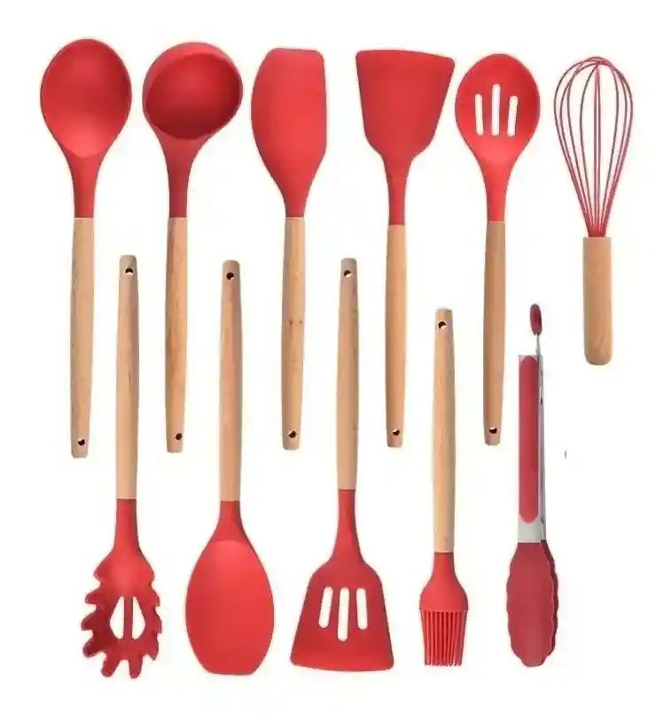 Set X 12 Utensilios De Cocina Silicona Resistentes Al Calor Color Rojo