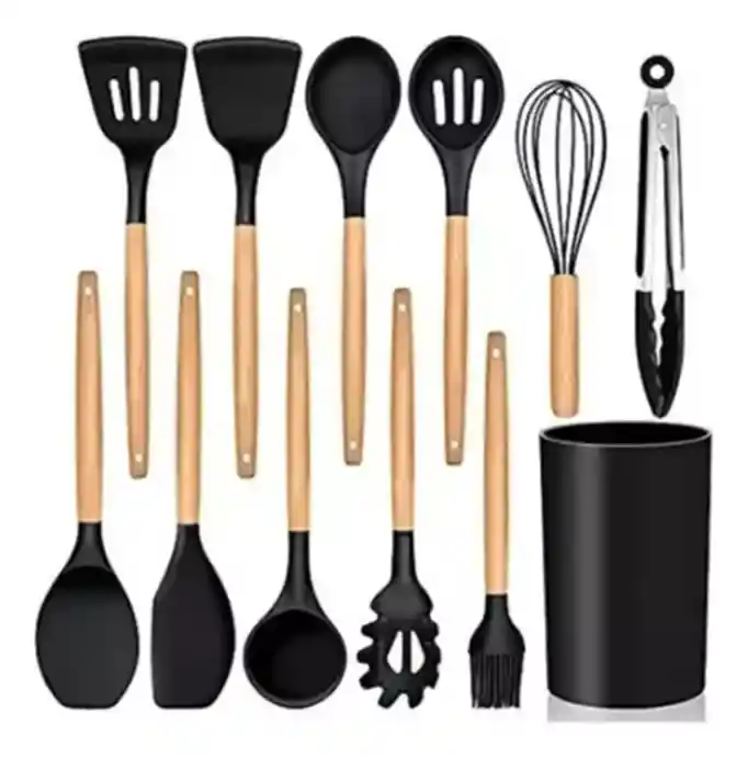 Set X 12 Utensilios De Cocina Silicona Resistentes Al Calor Color Negro