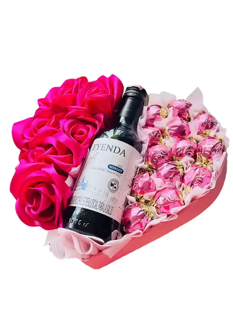 Regalo Corazon Especial Premium Con Vino, Rosas Eternas Fucsia Y Chocolates - Feliz Dia - Regalo Sorpresa - Regalo Cumpleaños