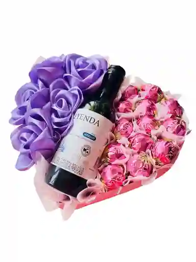 San Valentin Regalo Corazon Especial Premium Con Vino, Rosas Eternas Lila Y Chocolates - Feliz Dia - Regalo Sorpresa - Regalo Cumpleaños