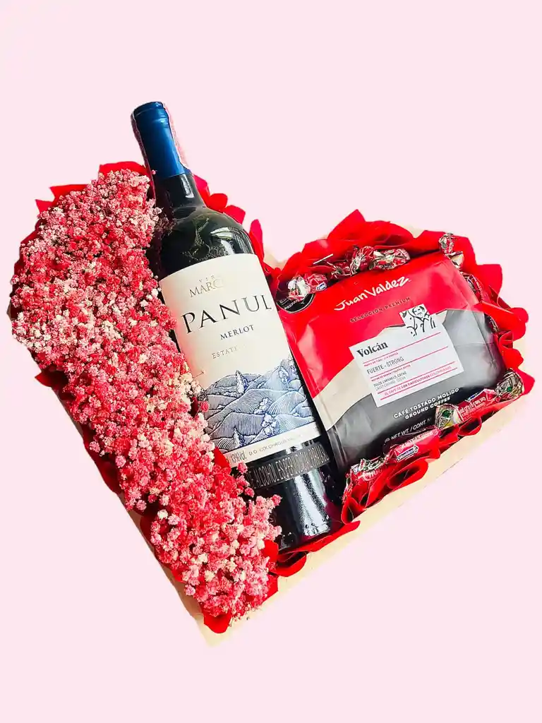 Regalo Especial Corazon Con Vino, Chocolates, Flores Y Café - Feliz Dìa - Feliz Cumpleaños - Amor Y Amistad