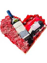 Regalo Especial Corazon Con Vino, Chocolates, Flores Y Café