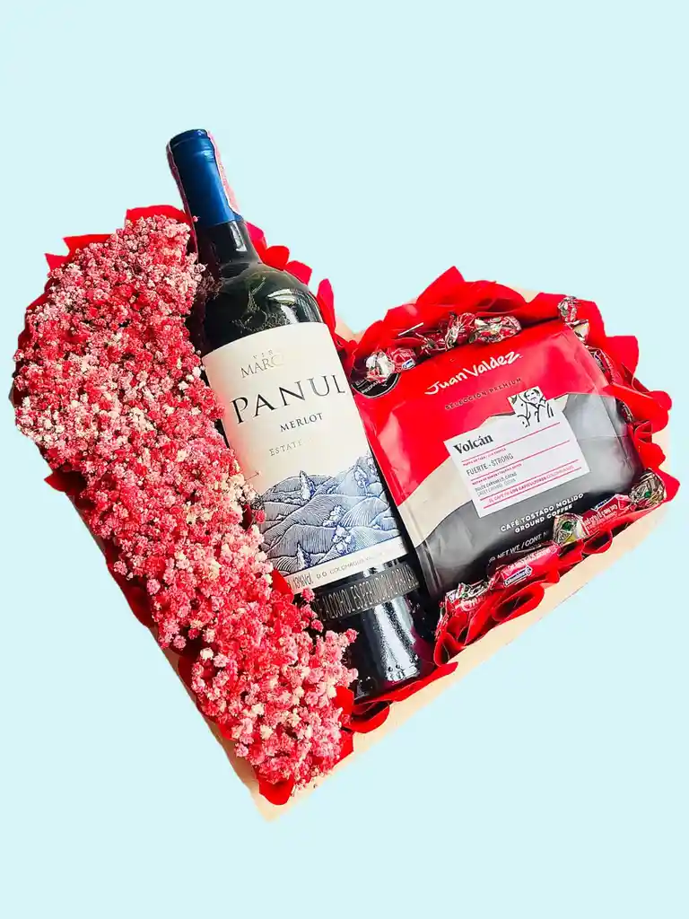 Regalo Especial Corazon Con Vino, Chocolates, Flores Y Café