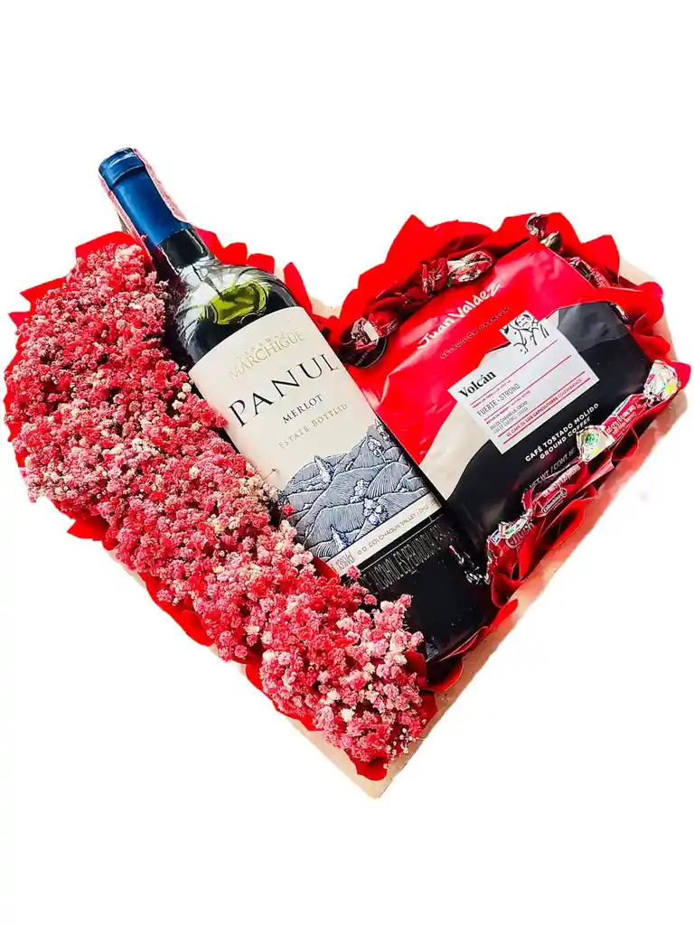 Regalo Especial Corazon Con Vino, Chocolates, Flores Y Café