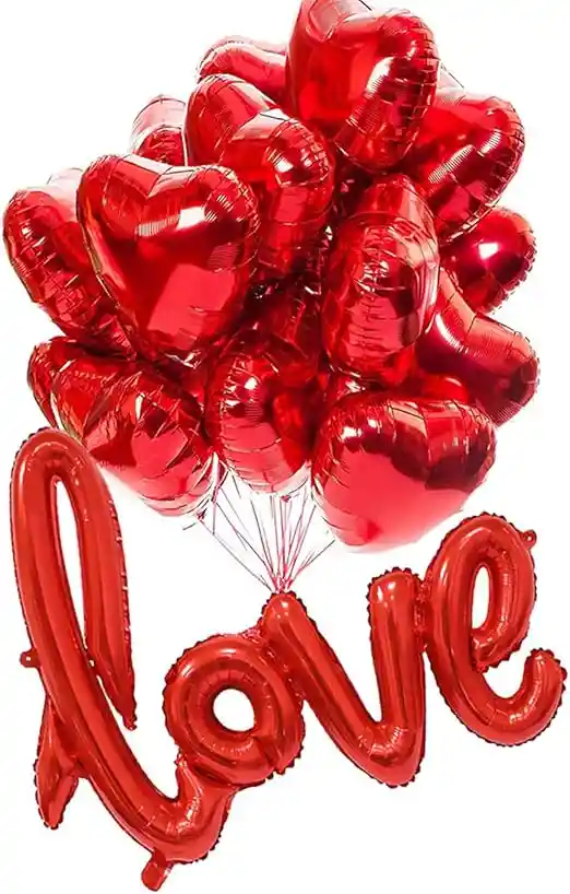 Kit Rojo Globos De Letrero Love Y 12 Unidades Corazones Amor Y Amistad Metalizados