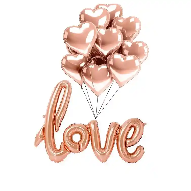 Kit Oro Rosa Globos De Letrero Love Y 12 Unidades Corazones Amor Y Amistad