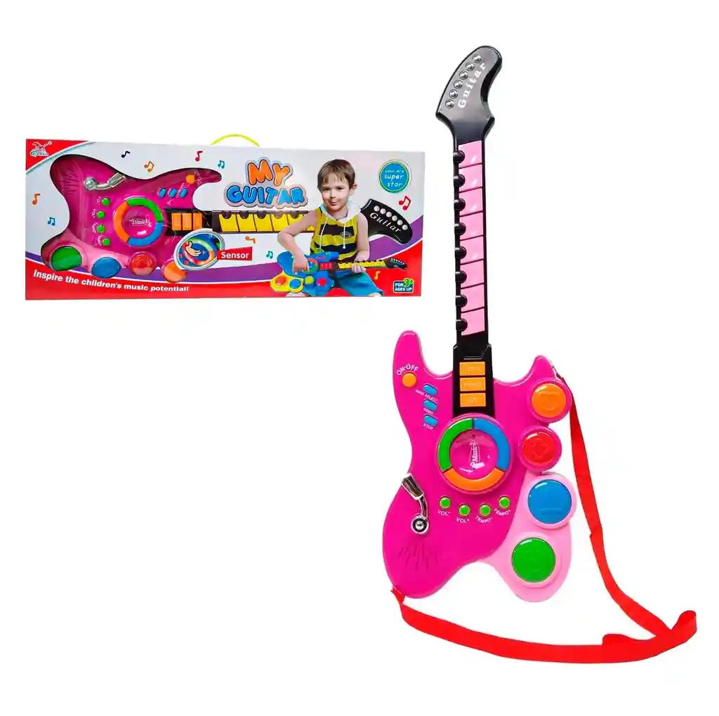 Guitarra Juguete Luces Fucsia Y Sonido Niñas + Baterias