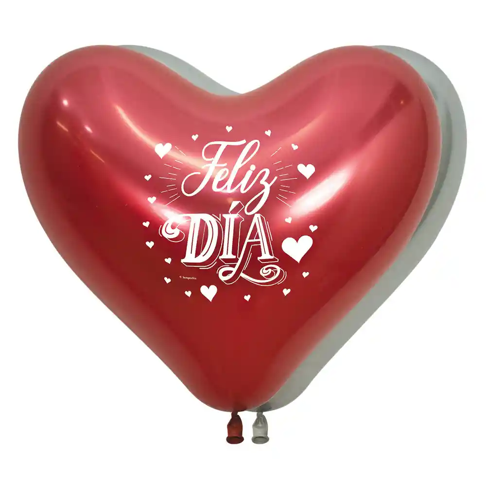 Globos Corazón Reflex Impreso Feliz Dia 14" Rojo Y Plata X 12 Unidades Sempertex