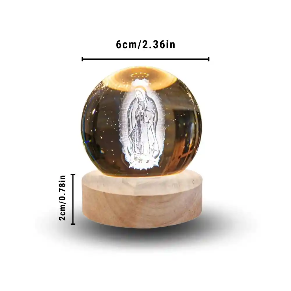 Lampara Esfera Bola De Cristal 3d Base De Madera Virgen De Guadalupe